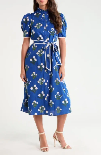 Sugarlips Gianny Puff Sleeve Tie Waist Midi Dress In Blue