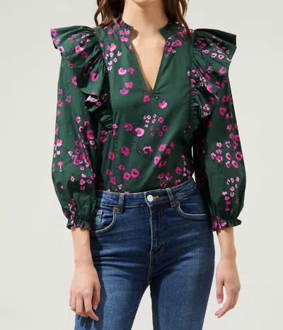 Sugarlips Grayson Ruffle V-neck Top In Emerald Multi