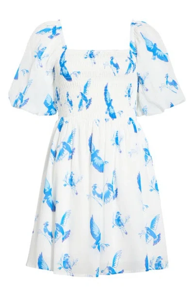 Sugarlips Hailie Bluebird Print Smocked Minidress In White