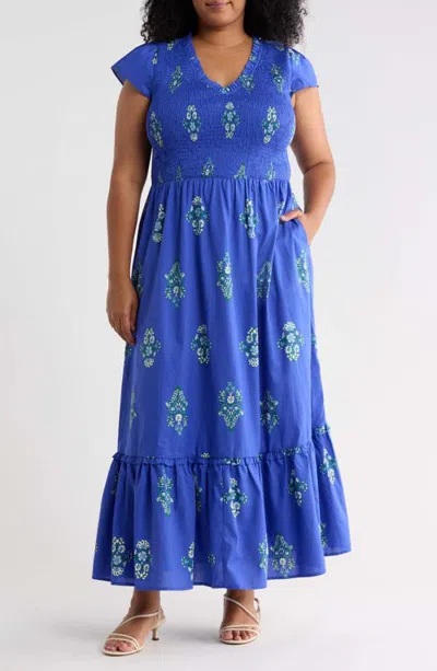 Sugarlips Haline Liora Smocked Floral Cotton Dress In Blue