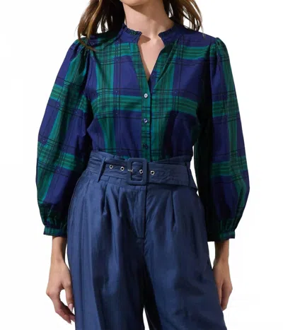 Sugarlips Harrison Plaid Button Up Top In Navy Green In Blue