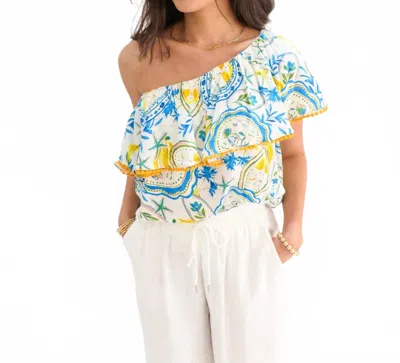 Sugarlips Havana Banana One Shoulder Ruffle Top In Blue/yellow In Multi