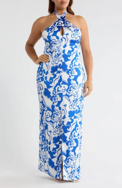 Sugarlips Helsinki Floral Tilda Satin Halter Maxi Dress In Blue