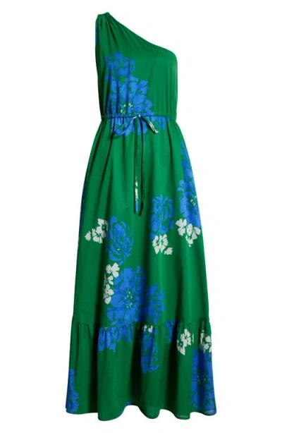 Sugarlips Hemmi Floral Print Tie Waist One-shoulder Maxi Dress In Green