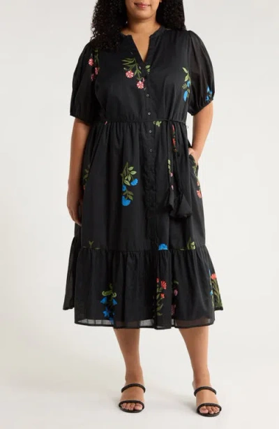 Sugarlips Hester Floral Beth Tiered Cotton Midi Dress In Black