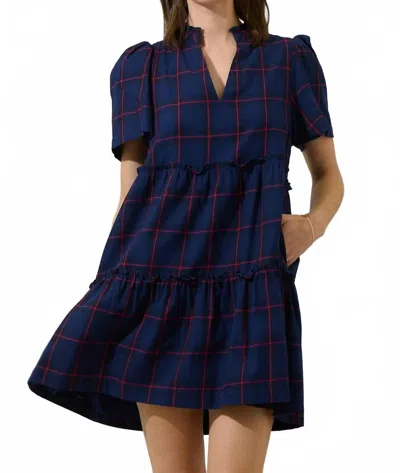 Sugarlips Holbrook Plaid Amelia Tiered Babydoll Short Sleeve Dress In Navy/red In Blue