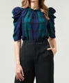 Sugarlips Hudson Plaid Ruched Sleeve Top In Navy/green Multi