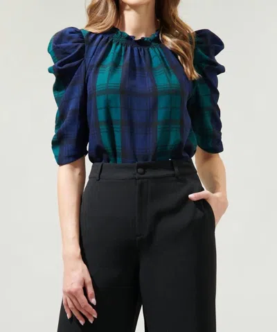 Sugarlips Hudson Plaid Ruched Sleeve Top In Navy/green Multi