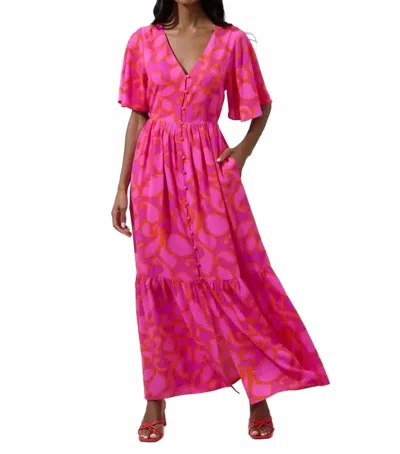 Sugarlips Inara Floral Evianna Button Down Flutter Maxi Dress In Magenta Multicolor In Pink