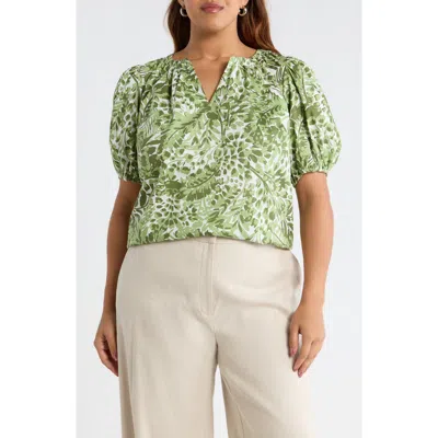 Sugarlips Irenan Leaf Gily Puff Sleeve Cotton Top In Green