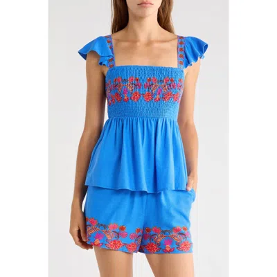 Sugarlips Isela Smocked Flutter Sleeve Top In Blue