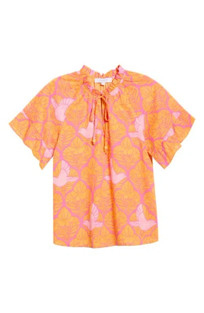 Sugarlips Jaidy Floral Erie Split Neck Cotton Top In Brown