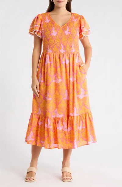 Sugarlips Jaidy Floral Patte Tiered Midi Dress In Orange