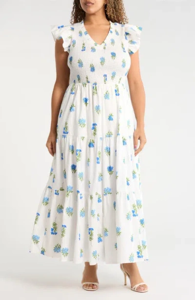 Sugarlips Jillian Floral Sunfire Tiered Midi Dress In White