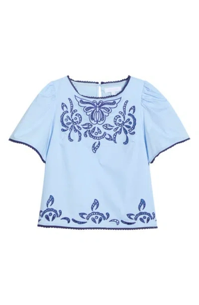 Sugarlips Jocie Embroidered Puff Sleeve Top In Blue