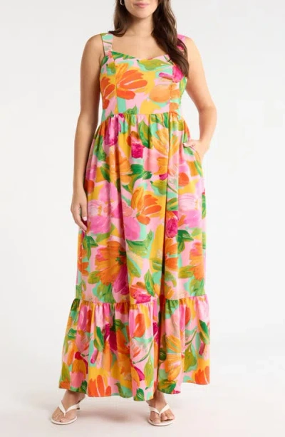 Sugarlips Jovana Floral Smocked Tie Shoulder Maxi Dress In Multi