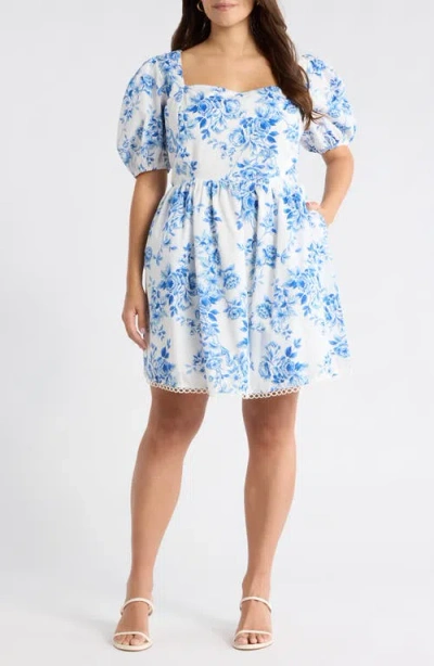 Sugarlips Juba Kaly Floral Puff Sleeve Cotton Minidress In Blue
