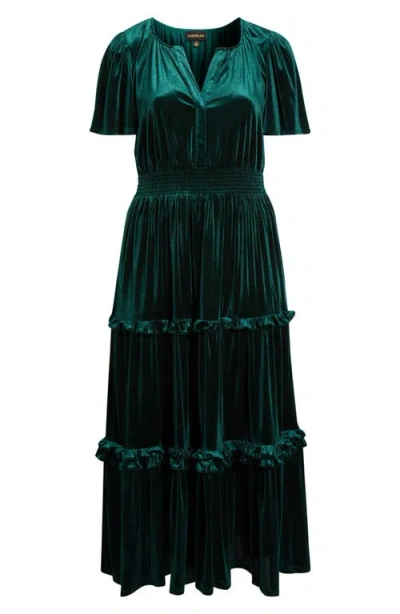 Sugarlips Juliete Velvet Palmer Tiered Maxi Dress In Green
