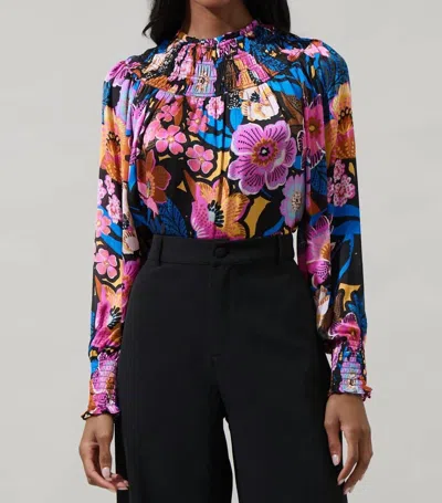Sugarlips Kadence Floral Smocked Blouse In Black Cobalt In Multi