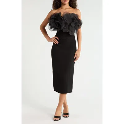 Sugarlips Kailany Floral Organza Trim Strapless Midi Dress In Black