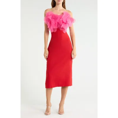 Sugarlips Kailany Floral Organza Trim Strapless Midi Dress In Red