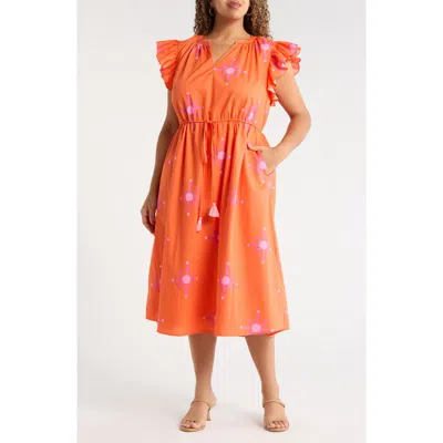 Sugarlips Karani Starburst Flutter Sleeve Tie Waist Midi Dress In Orange