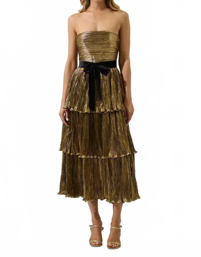 Sugarlips Katia Metallic Strapless Tiered Midi Dress In Gold In Brown