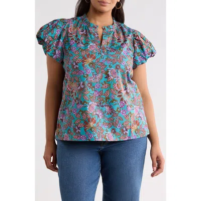 Sugarlips Keni Ruffle Split Neck Cotton Top In Teal Multi