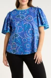 Sugarlips Kenner Print Flutter Sleeve Top In Blue