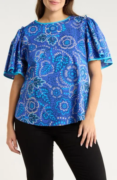 Sugarlips Kenner Print Flutter Sleeve Top In Blue