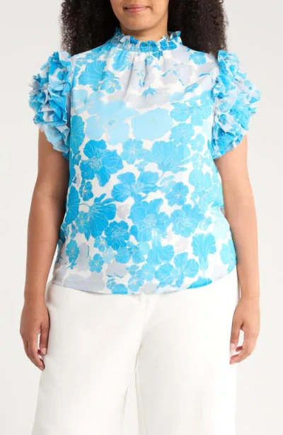 Sugarlips Kerela Floral Brenna Mock Neck Top In Blue