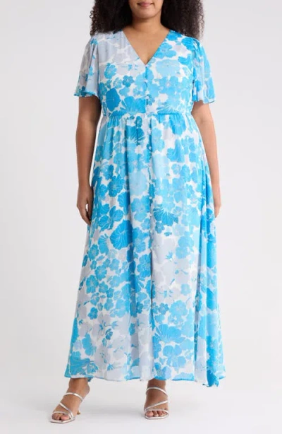 Sugarlips Kerela Floral Linana Button Maxi Dress In Blue