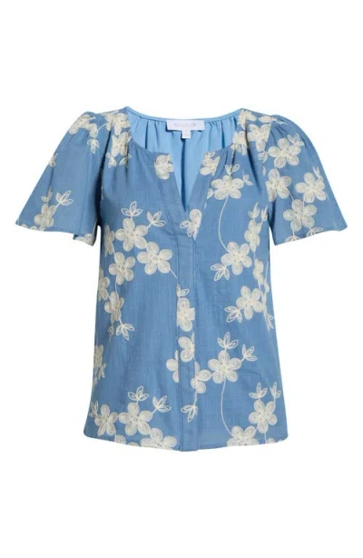 Sugarlips Keren Embroidered Split Neck Top In Blue
