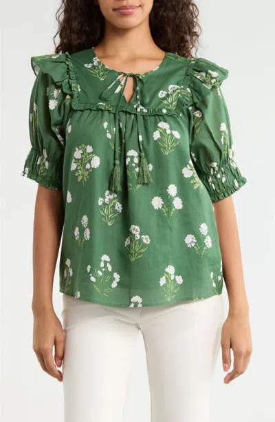 Sugarlips Kestrel Floral Print Puff Sleeve Top In Green