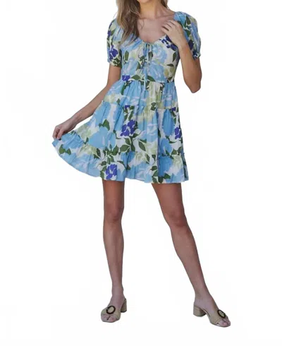 Sugarlips Khloey Floral Tiered Smocked Back Mini Dress In Blue In Multi
