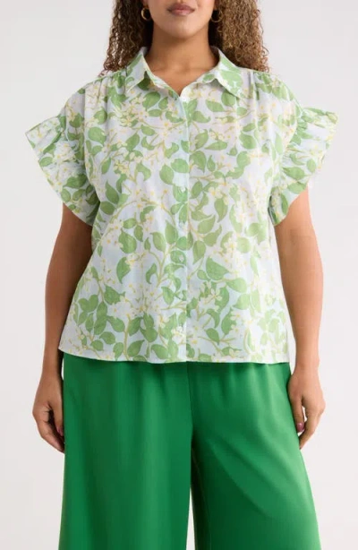 Sugarlips Kiany Floral Ina Short Sleeve Button-up Shirt In Green