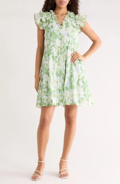 Sugarlips Kiany Floral Print Ruffle Minidress In Green