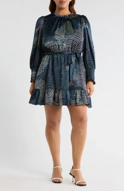 Sugarlips Kirby Geometric Sevilla Satin Long Sleeve Dress In Blue