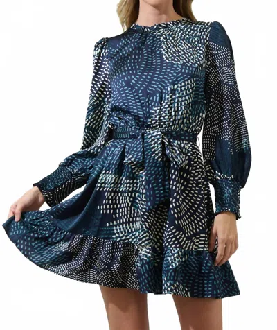 Sugarlips Kirby Geometric Sevilla Satin Ruffle Dress In Navy Cream In Blue