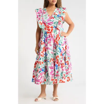 Sugarlips Kivia Smocked Floral Cotton Midi Dress In Multi