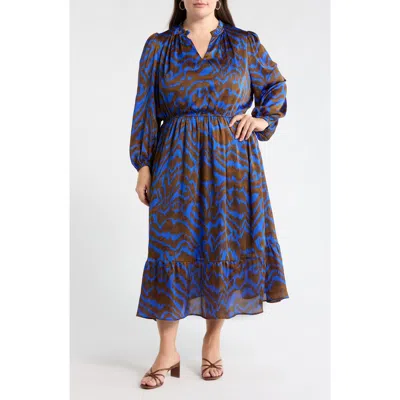 Sugarlips Krista Abrstract Fabiola Long Sleeve Satin Midi Dress In Blue