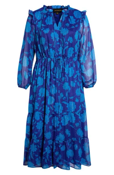 Sugarlips Kristen Balloon Sleeve Tiered Midi Dress In Navy-multi