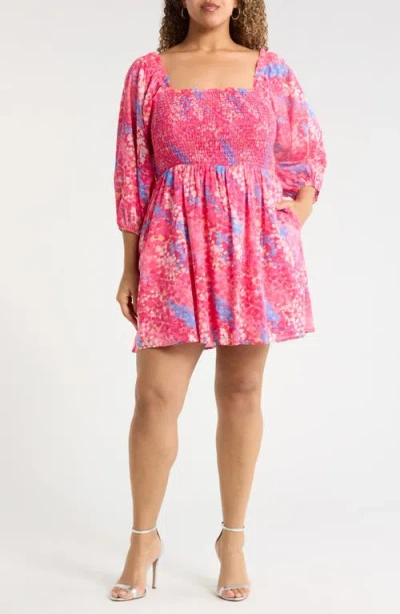 Sugarlips Leah Abstract Print Niko Smocked Minidress In Pink