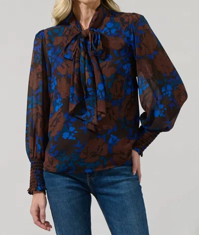 Sugarlips Lebanon Floral Etienne Tie Neck Long Sleeve Blouse In Brown Blue Lebanon In Multi
