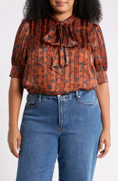 Sugarlips Leoben Floral Tie Neck Top In Brown-black