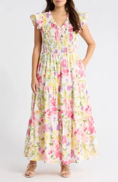Sugarlips Leonie Floral Sunfire Tiered Midi Dress In Multi