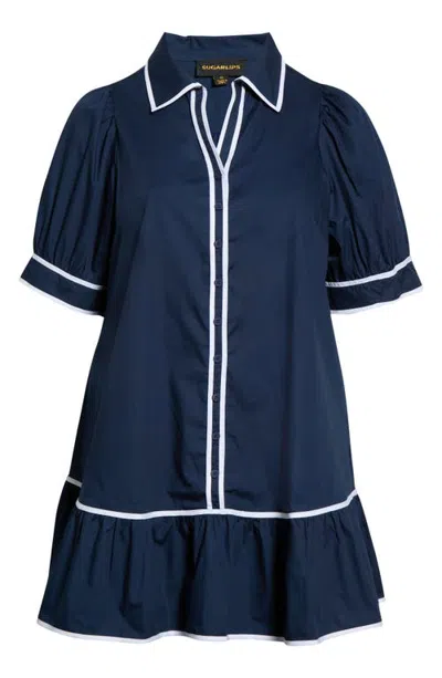 Sugarlips Levy Piped Button Down Shift Minidress In Blue