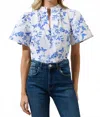 Sugarlips Leya Floral Inaya Split Neck Top In Blue And White In Blue