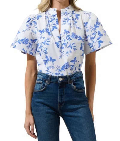 Sugarlips Leya Floral Inaya Split Neck Top In Blue And White