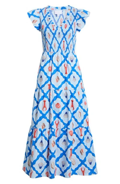 Sugarlips Lobster Bay Sunfire Tiered Midi Dress In Whtblue Multi In Blue